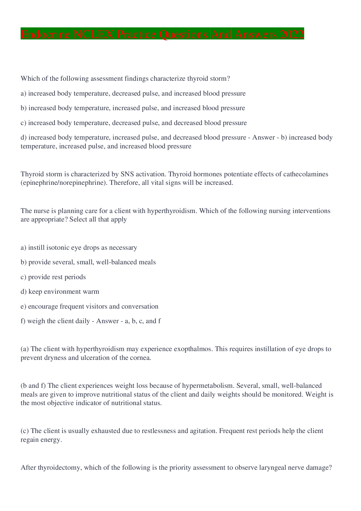 Preview image for Endocrine NCLEX Practice Questions And Answers 2022
